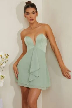 Strapless Plunge Neck Corset Mini Dress In Sage -Glam Dress Store 6951 2 Tove Sage Plunge Corset Mini