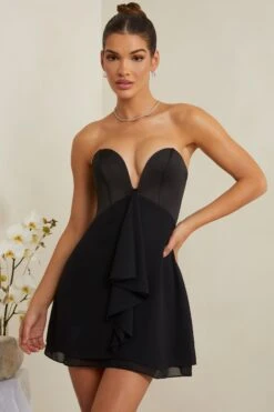 Strapless Plunge Neck Corset Mini Dress In Black