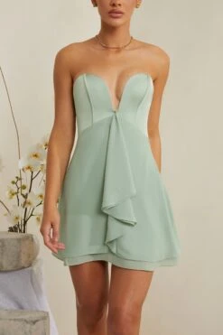 Strapless Plunge Neck Corset Mini Dress In Sage -Glam Dress Store 6951 6 Tove Sage Plunge Corset Mini