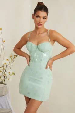 Embellished Corset Mini Dress In Sage -Glam Dress Store 6956 2 Constance Sage Tonal Sequin Gown Mini Dress