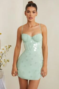 Embellished Corset Mini Dress In Sage -Glam Dress Store 6956 3 Constance Sage Tonal Sequin Gown Mini Dress