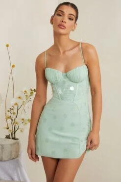 Embellished Corset Mini Dress In Sage -Glam Dress Store 6956 4 Constance Sage Tonal Sequin Gown Mini Dress