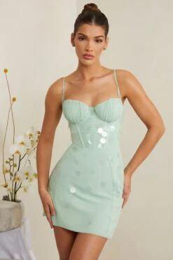 Embellished Corset Mini Dress In Sage -Glam Dress Store 6956 5 Constance Sage Tonal Sequin Gown Mini Dress