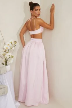 Cowl Neck Heavy Satin Crop Top In Pink 24 Cowl Neck Heavy Satin Crop Top In Pink -Glam Dress Store 6985 6986 10 Dulcie Edyta Pink Cowl Neck Top Pleated Satin Skirt