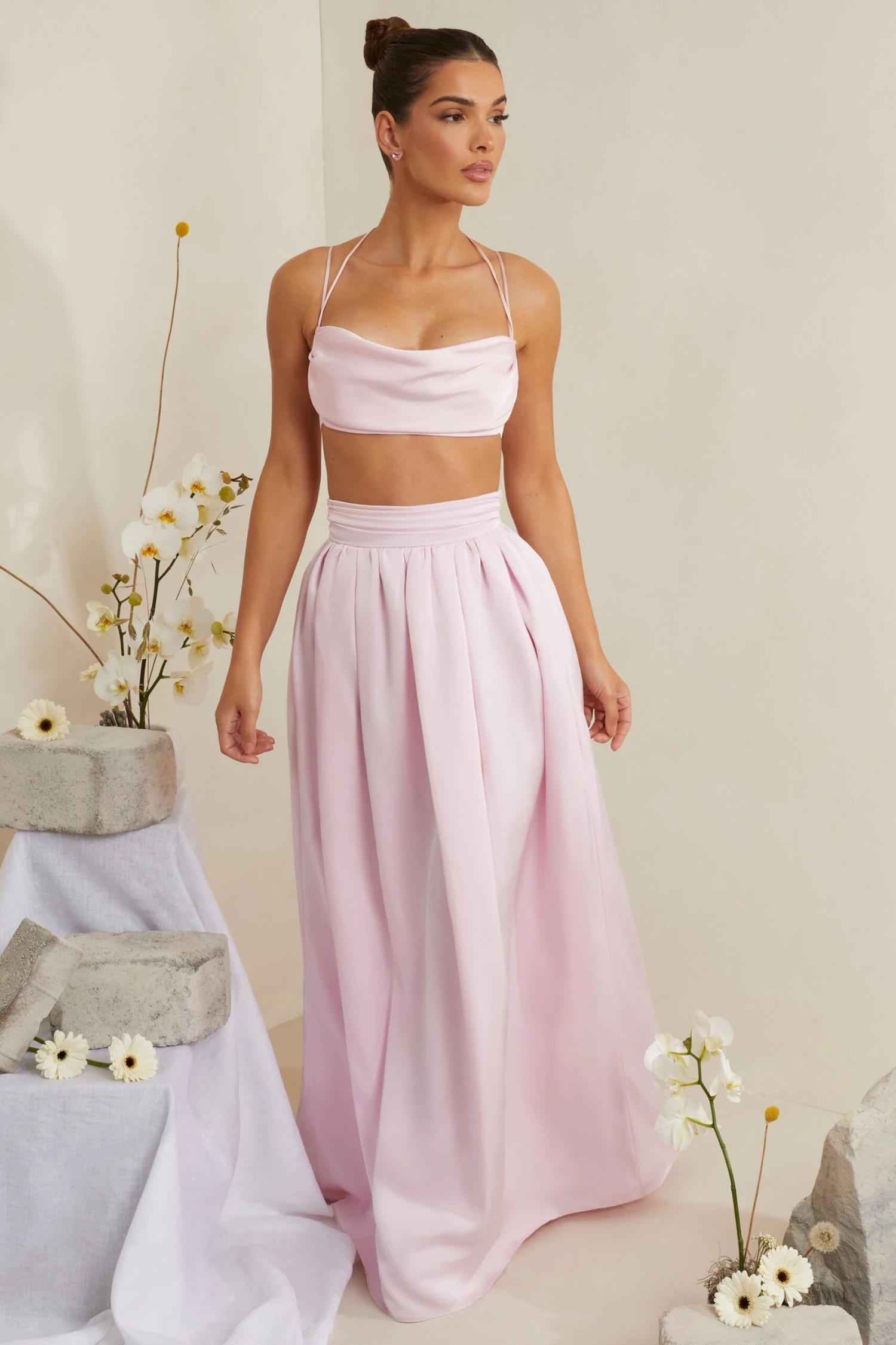 Pleated Heavy Satin Maxi Skirt In Pink 3 Pleated Heavy Satin Maxi Skirt In Pink