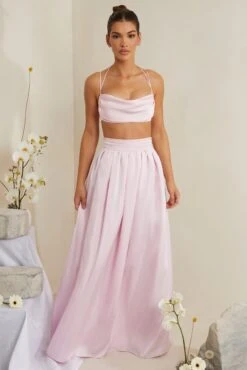 Cowl Neck Heavy Satin Crop Top In Pink 20 Cowl Neck Heavy Satin Crop Top In Pink -Glam Dress Store 6985 6986 2 Dulcie Edyta Pink Cowl Neck Top Pleated Satin Skirt