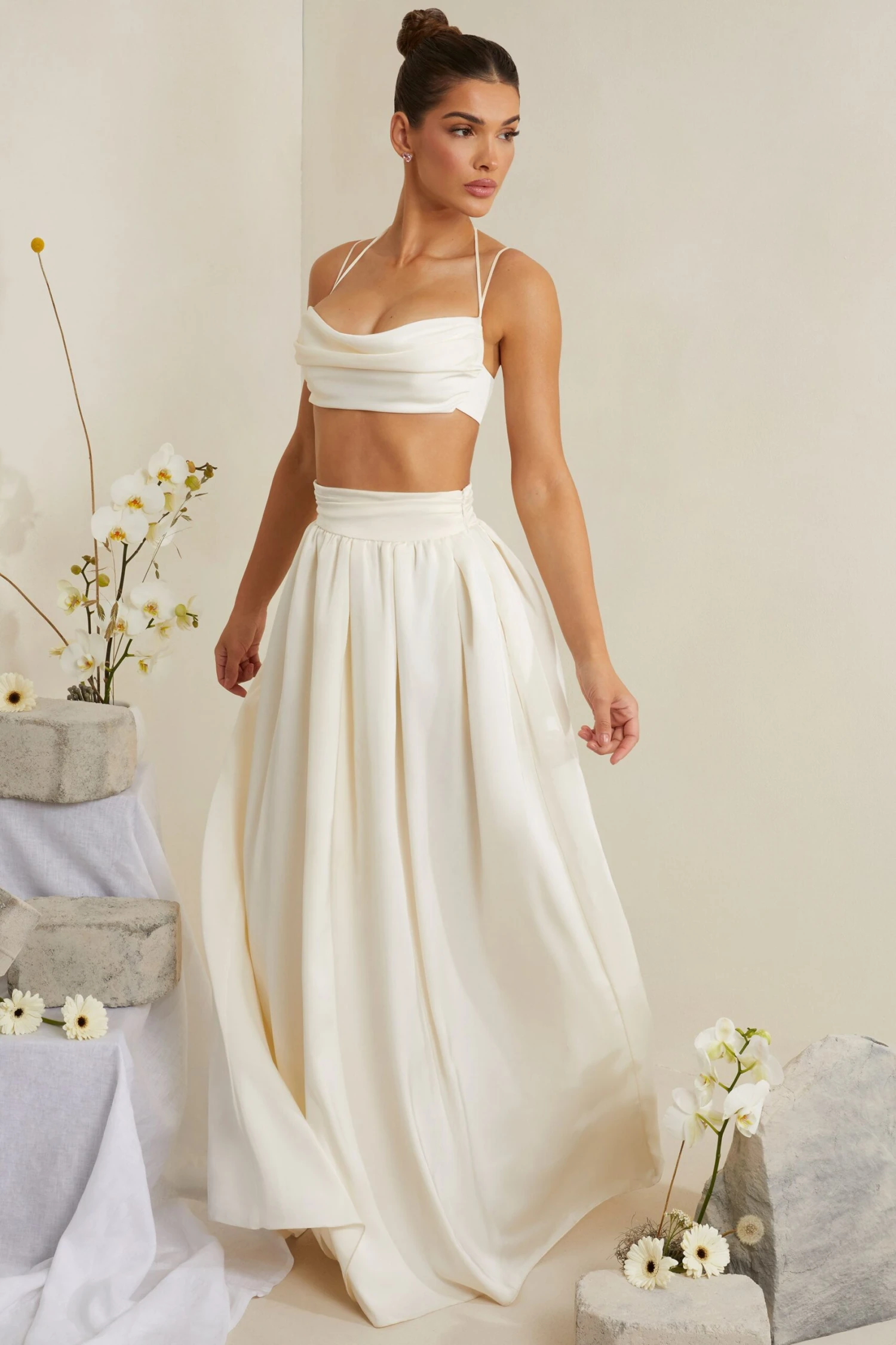 Pleated Heavy Satin Maxi Skirt In White 3 Pleated Heavy Satin Maxi Skirt In White