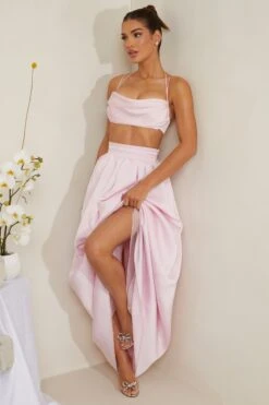 Cowl Neck Heavy Satin Crop Top In Pink 21 Cowl Neck Heavy Satin Crop Top In Pink -Glam Dress Store 6985 6986 3 Dulcie Edyta Pink Cowl Neck Top Pleated Satin Skirt