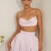 Cowl Neck Heavy Satin Crop Top In Pink -Glam Dress Store 6985 6986 7 Dulcie Edyta Pink Cowl Neck Top Pleated Satin Skirt
