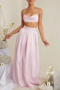 Cowl Neck Heavy Satin Crop Top In Pink 17 Cowl Neck Heavy Satin Crop Top In Pink -Glam Dress Store 6985 6986 8 Dulcie Edyta Pink Cowl Neck Top Pleated Satin Skirt