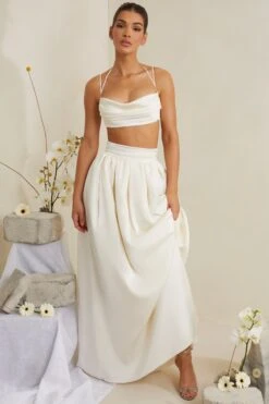 Pleated Heavy Satin Maxi Skirt In White 21 Pleated Heavy Satin Maxi Skirt In White -Glam Dress Store 6985 6986 8 Dulcie Edyta White Cowl Neck Top Pleated Satin Skirt d434d91a 81c0 497f ad7a 3ddd4da825d0