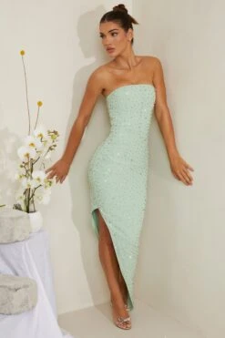 Hand Embellished Asymmetric Midi Dress In Sage -Glam Dress Store 6988 4 Vivica Sage Assymetric Draped Midi Dress