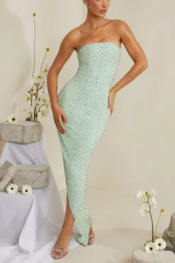 Hand Embellished Asymmetric Midi Dress In Sage -Glam Dress Store 6988 5 Vivica Sage Assymetric Draped Midi Dress