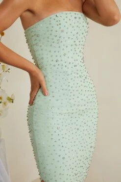 Hand Embellished Asymmetric Midi Dress In Sage -Glam Dress Store 6988 6 Vivica Sage Asymmetric Draped Midi Dress