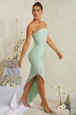 Hand Embellished Asymmetric Midi Dress In Sage -Glam Dress Store 6988 7 Vivica Sage Asymmetric Draped Midi Dress