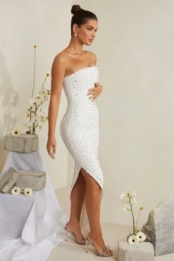 Hand Embellished Asymmetric Midi Dress In White 14 Hand Embellished Asymmetric Midi Dress In White -Glam Dress Store 6988 8 Vivica White Assymetric Draped Midi Dress