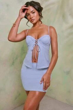 Mid Rise Linen Mini Skirt In Sky Grey 23 Mid Rise Linen Mini Skirt In Sky Grey -Glam Dress Store 7147 7148 2 Sky Grey Sweetheart Neckline Top With Linen Panel Midrise Skirt With Split 57e59729 9dc4 4123 abf6 4de26cbcd49c