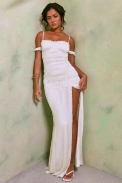 Shirred Thigh High Split Maxi Dress In White 14 Shirred Thigh High Split Maxi Dress In White -Glam Dress Store 7189 2 Viva White Crinkled Shirring Split Gown Dress