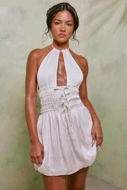 Halter Neck Cut Out Shirred Mini Dress In White -Glam Dress Store 7191 1 Tulia White Crinkle Tie Up Halterneck Shirring Mini