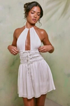 Halter Neck Cut Out Shirred Mini Dress In White -Glam Dress Store 7191 2 Tulia White Crinkle Tie Up Halterneck Shirring Mini