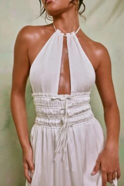 Halter Neck Cut Out Shirred Mini Dress In White -Glam Dress Store 7191 4 Tulia White Crinkle Tie Up Halterneck Shirring Mini