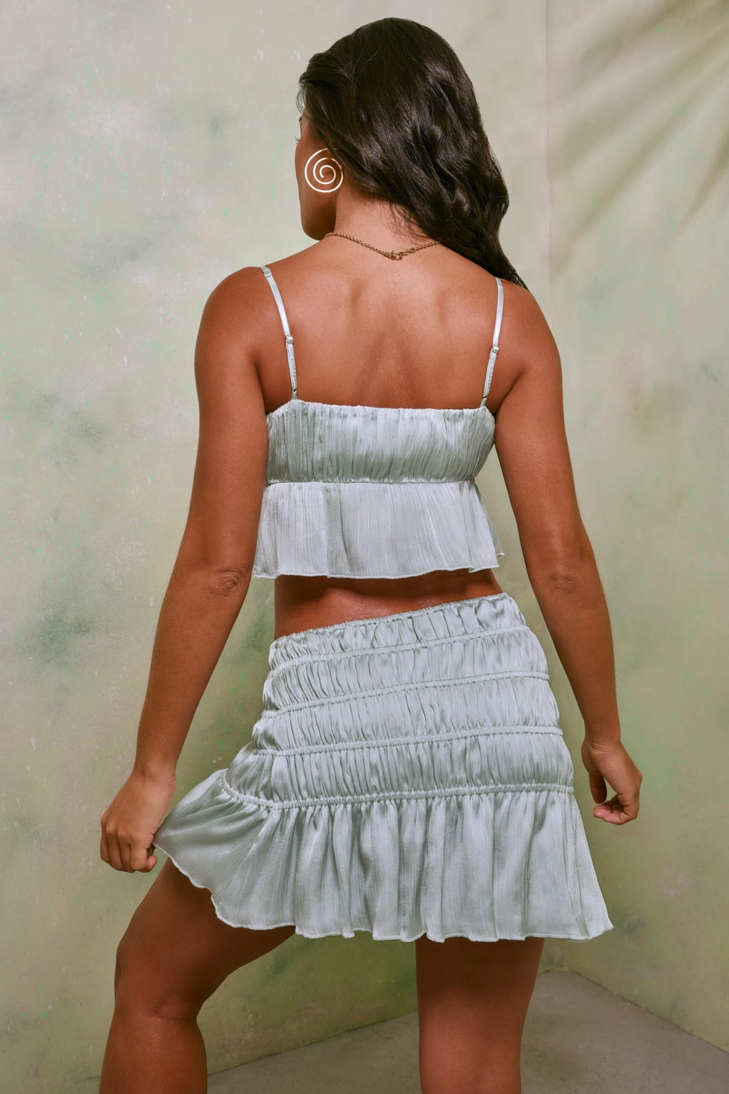 Shirred Tie Up Front Crop Top In Pastel Green 12 Shirred Tie Up Front Crop Top In Pastel Green - Image 10