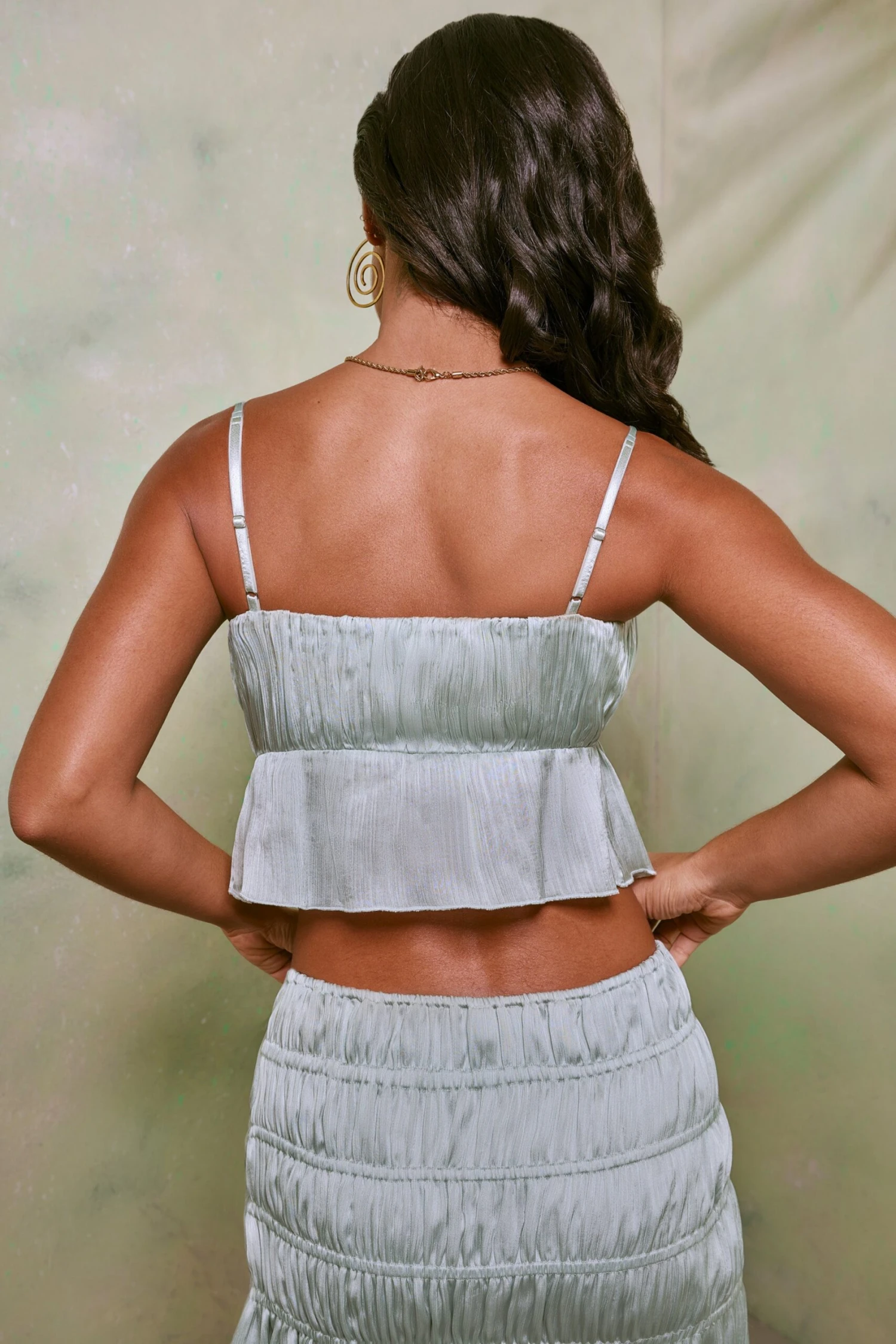 Shirred Tie Up Front Crop Top In Pastel Green 4 Shirred Tie Up Front Crop Top In Pastel Green - Image 2