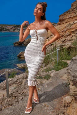 Shirred Front Tie Midi Dress In White