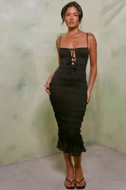 Shirred Front Tie Midi Dress In Black -Glam Dress Store 7207 1 Heidi Black Tie Up Shirring Midi Dress