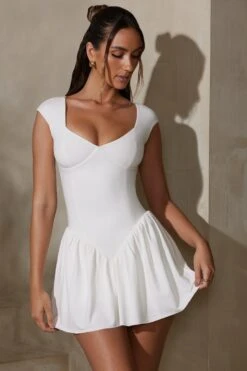 Cap Sleeve Layered A-Line Mini Dress In White -Glam Dress Store 7249 2 Dakota White Mini Dress