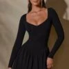 Long Sleeve Layered A-Line Mini Dress In Black -Glam Dress Store 7311 2 Keziah Black Long Sleeve Mini Dress