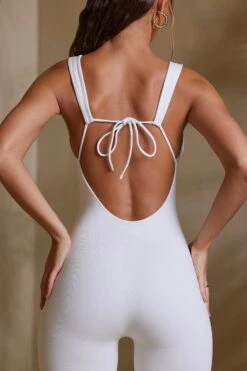 Straight Neck Low Back Jumpsuit In White -Glam Dress Store 7312 9 Remi White Tie Jupsuit