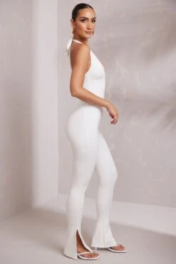 Halter Neck Plunge Jumpsuit In White -Glam Dress Store 7319 4 Keava White Plunge Jumpsuit