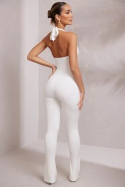 Halter Neck Plunge Jumpsuit In White -Glam Dress Store 7319 5 Keava White Plunge Jumpsuit