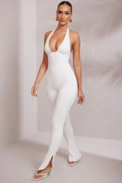 Halter Neck Plunge Jumpsuit In White -Glam Dress Store 7319 8 Keava White Plunge Jumpsuit