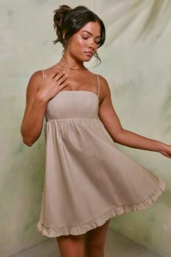 Empire Waist Cotton A-Line Mini Dress In Sand -Glam Dress Store 7321 3 Sand Corset Puffy A Line Mini Dress