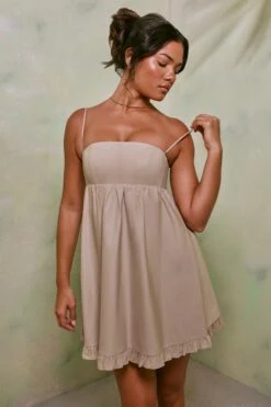 Empire Waist Cotton A-Line Mini Dress In Sand -Glam Dress Store 7321 4 Sand Corset Puffy A Line Mini Dress