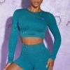 Long Sleeve High Neck Zip Crop Top In Teal -Glam Dress Store BT0415 0 Agile Teal Ribbed Acid Wash Long Sleeve Crop Top