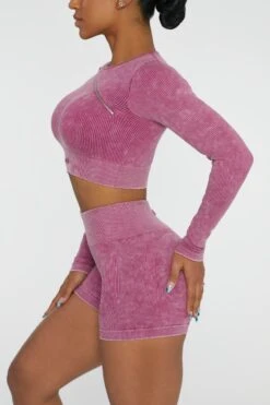Long Sleeve High Neck Zip Crop Top In Dark Pink -Glam Dress Store BT0415 2 Agile Dark Pink Ribbed Acid Wash Long Sleeve Crop Top