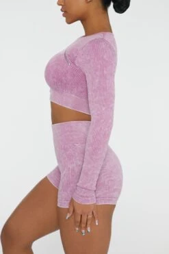 Long Sleeve High Neck Zip Crop Top In Pink -Glam Dress Store BT0415 2 Agile Pink Ribbed Acid Wash Long Sleeve Crop Top