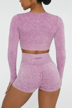 Long Sleeve High Neck Zip Crop Top In Pink -Glam Dress Store BT0415 3 Agile Pink Ribbed Acid Wash Long Sleeve Crop Top