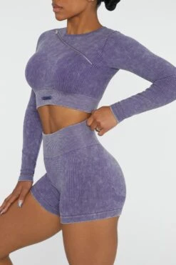 Long Sleeve High Neck Zip Crop Top In Violet -Glam Dress Store BT0415 3 Agile Violet Ribbed Acid Wash Long Sleeve Crop Top