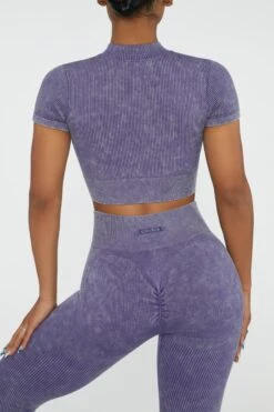 Short Sleeve Zip Crop Top In Violet 8 Short Sleeve Zip Crop Top In Violet -Glam Dress Store BT0417 4 Chase Violet Cuff Sleeve Zip Up Crop Top