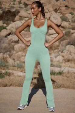 Flared Full Length Unitard In Mint Green 15 Flared Full Length Unitard In Mint Green -Glam Dress Store BT0721 1 Powerful Green Jumpsuit 1
