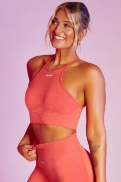 Incline Seamless High Neck Crop Top In Coral -Glam Dress Store bt0376 2 incline coral high neckline cross back crop top