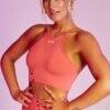 Incline Seamless High Neck Crop Top In Coral -Glam Dress Store bt0376 4 incline coral high neckline cross back crop top