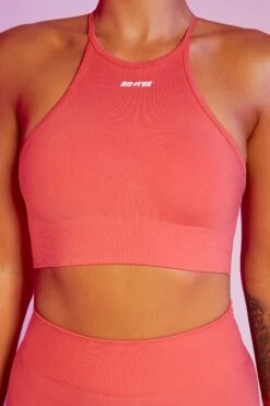 Incline Seamless High Neck Crop Top In Coral -Glam Dress Store bt0376 6 incline coral high neckline cross back crop top