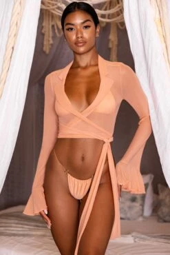 Sheer Beach Shirt In Light Orange -Glam Dress Store gg0023 3 chasing sunsets tan sheer wrap top