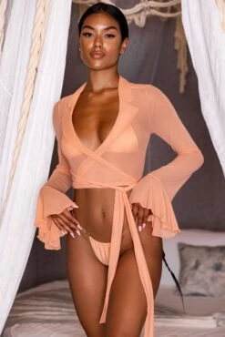 Sheer Beach Shirt In Light Orange -Glam Dress Store gg0023 5 chasing sunsets tan sheer wrap top