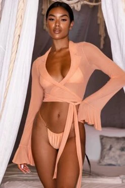 Sheer Beach Shirt In Light Orange -Glam Dress Store gg0023 6 chasing sunsets tan sheer wrap top